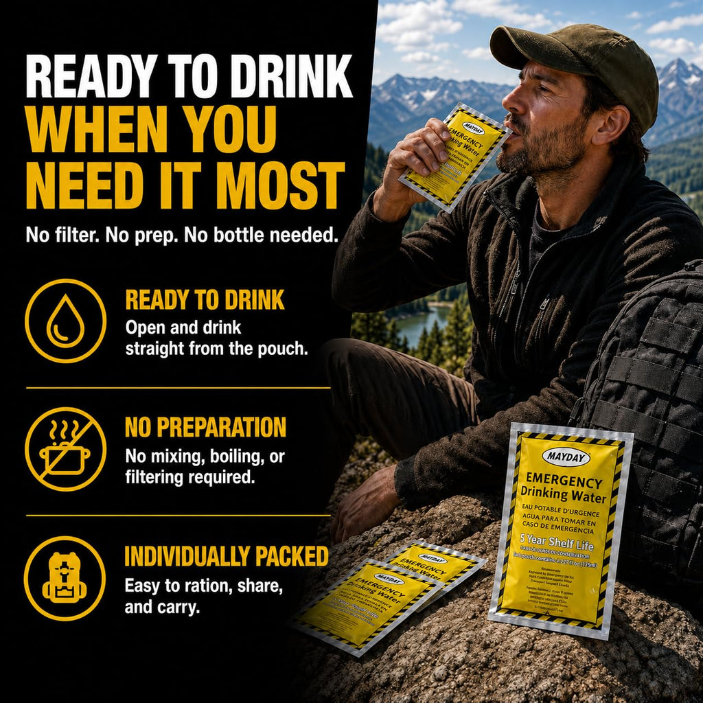 Mayday Emergency Drinking Water Pouches, Coast Guard Approved, 5-Year Shelf Life, 125 mL (100 Pack)