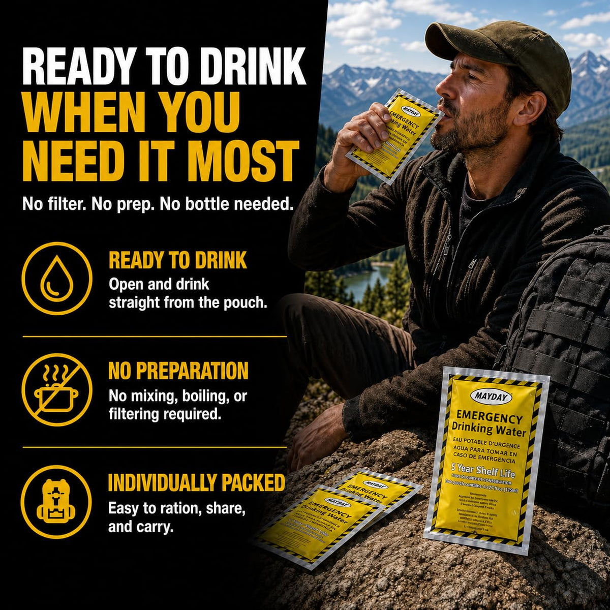 Mayday Emergency Drinking Water Pouches, Coast Guard Approved, 5-Year Shelf Life, 125 mL (100 Pack)