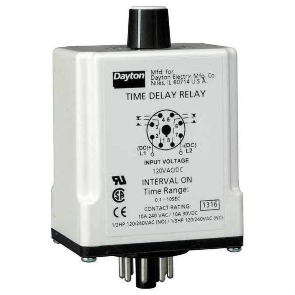 DAYTON 1EGB3 0.6-60SEC, 10AMP, 120VAC/DC, 8PIN Socket, ON DELAY, TIME DELAY Relay