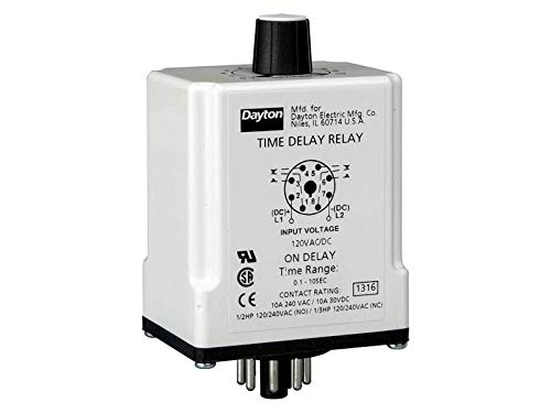 DAYTON 1EGB4 10AMP, Plug in, 120VAC Coil, ON DELAY, 8 PIN Socket, DPDT, TIME DELAY Relay, 0.1-5 Seconds Timing Range
