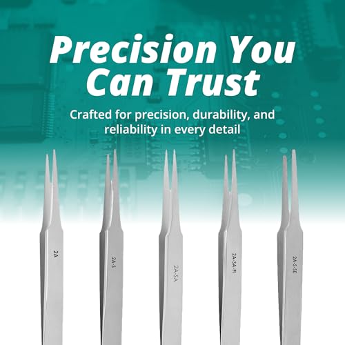 Excelta 2A-SA-SE Straight Tapered Flat Point Precision Tweezers, Anti-Magnetic Stainless Steel, ESD Safe, Anti-Static & Conductive Professional Tool for SMD Components, Labels & Electronics, 4.75" OAL