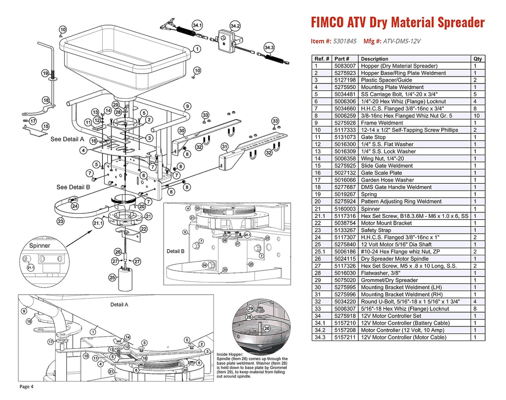 FIMCO 5301845 ATV Dry Material Spreader for Distribution & Broadcast, 12V, Polymer Hopper, 145 lbs