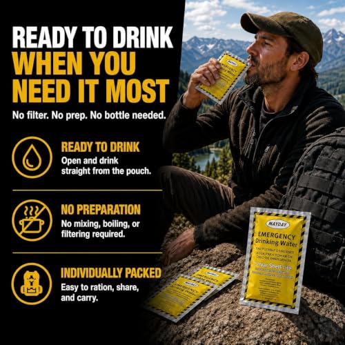 Mayday Emergency Drinking Water Pouches, Coast Guard Approved, 5-Year Shelf Life, 125 mL (100 Pack)
