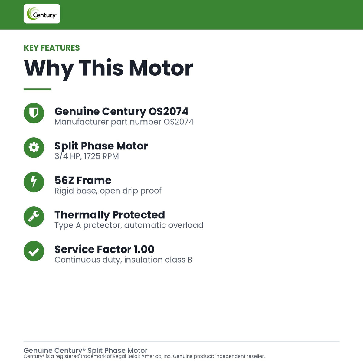 Century OS2074 Split Phase Rigid Base Motor, 3/4 HP, 1725 RPM, 56Z Frame, 115V