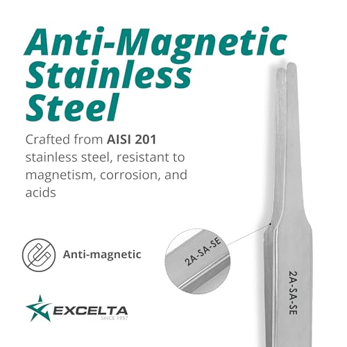 Excelta 2A-SA-SE Straight Tapered Flat Point Precision Tweezers, Anti-Magnetic Stainless Steel, ESD Safe, Anti-Static & Conductive Professional Tool for SMD Components, Labels & Electronics, 4.75" OAL