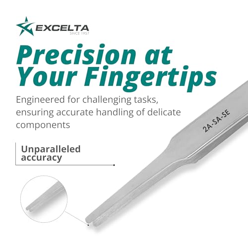 Excelta 2A-SA-SE Straight Tapered Flat Point Precision Tweezers, Anti-Magnetic Stainless Steel, ESD Safe, Anti-Static & Conductive Professional Tool for SMD Components, Labels & Electronics, 4.75" OAL