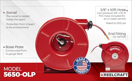 Reelcraft Air/Water Hose Reel, 3/8" x 50 ft, 300 psi, 1/4" NPT(M)