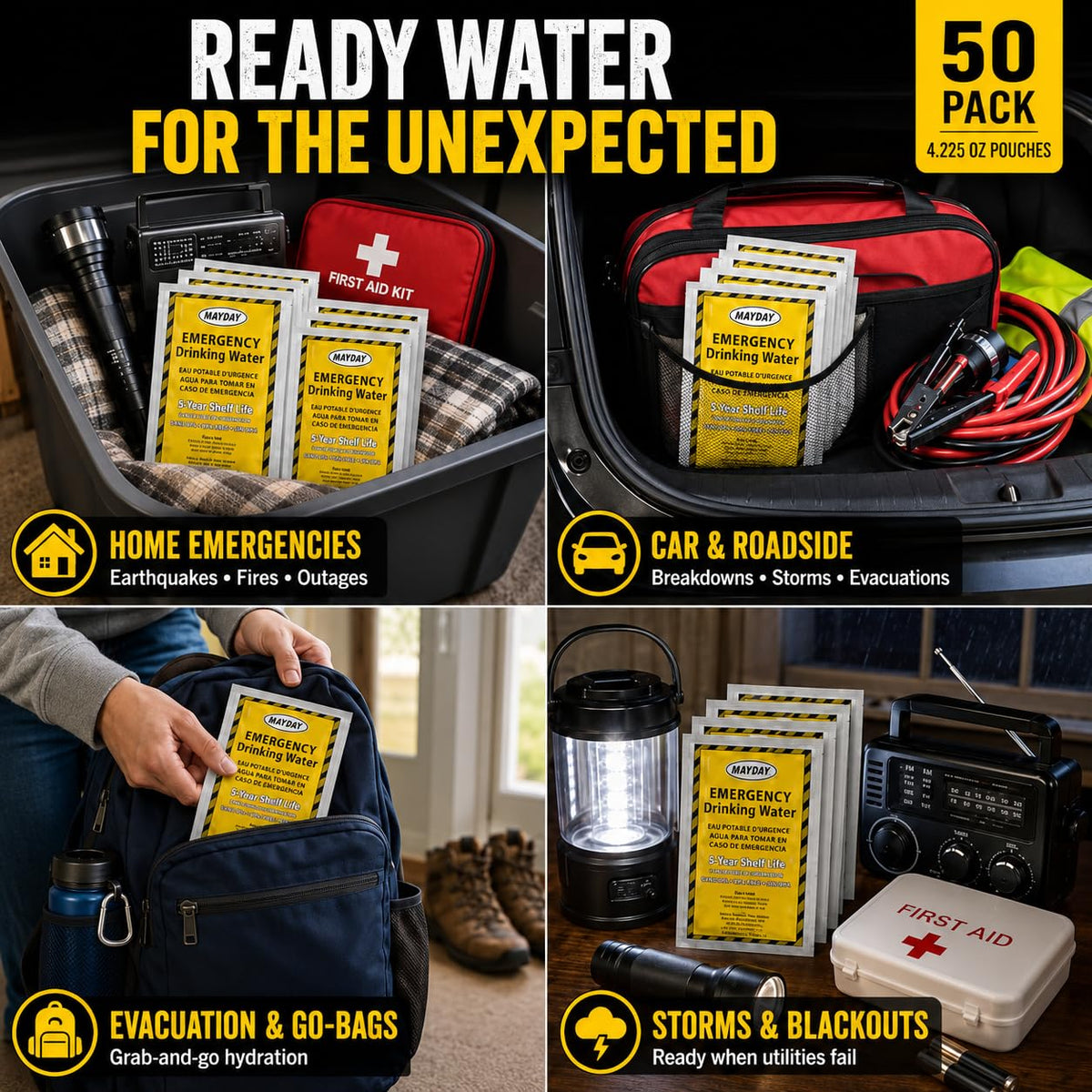 Mayday Emergency Drinking Water Pouches, Coast Guard Approved, 5-Year Shelf Life, 125 mL (100 Pack)