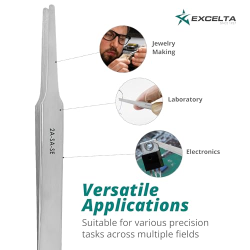 Excelta 2A-SA-SE Straight Tapered Flat Point Precision Tweezers, Anti-Magnetic Stainless Steel, ESD Safe, Anti-Static & Conductive Professional Tool for SMD Components, Labels & Electronics, 4.75" OAL