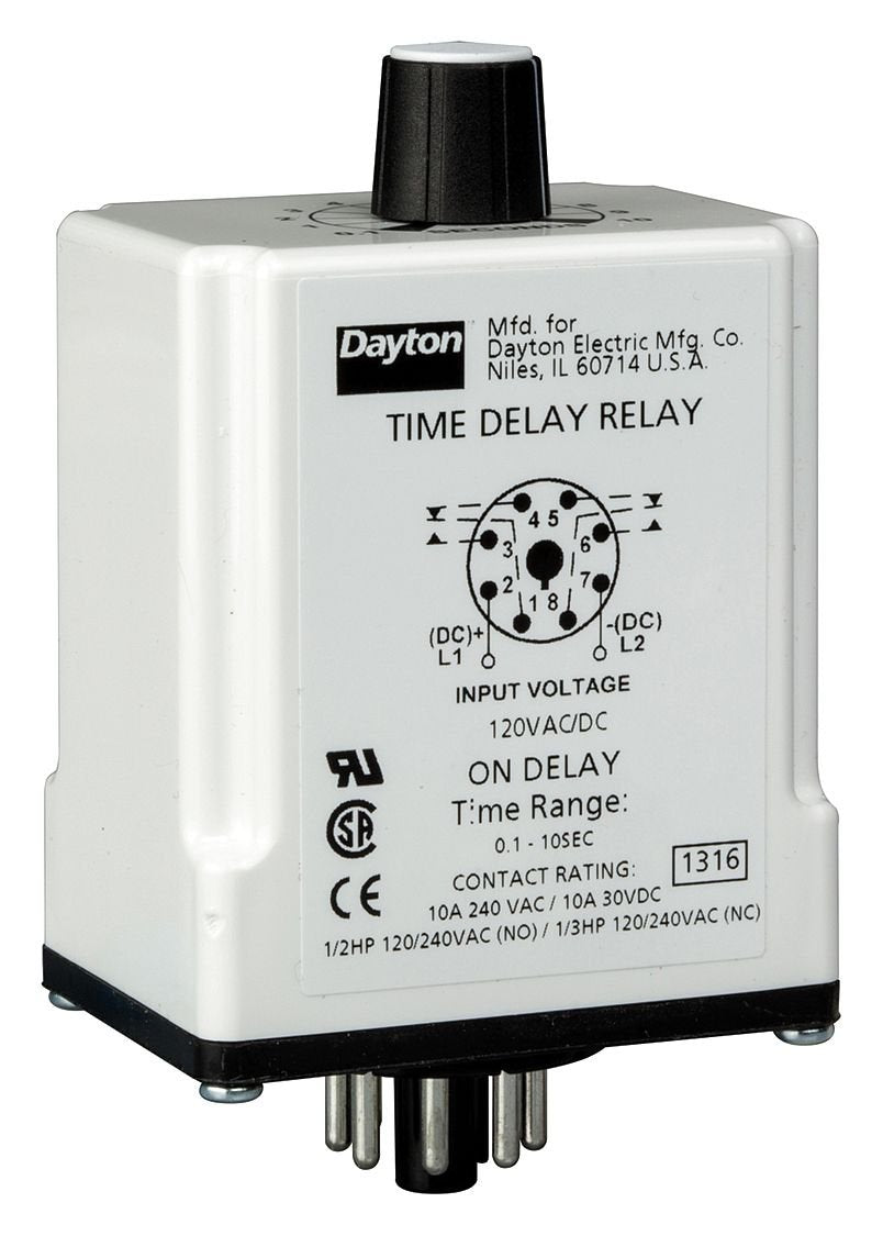 Dayton 1EGB8 Time Delay Relay, 120Vac, 10A, Dpdt, 9 Sec.