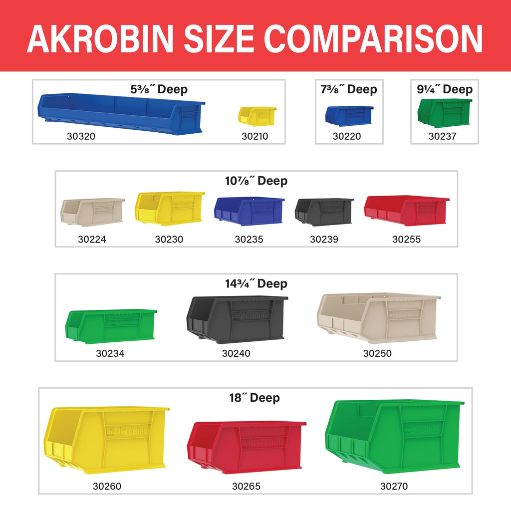 Akro-Mils 30239 AkroBins Plastic Storage Bins, Space-Saving Stackable Bins for Garage, Pantry, Craft Organization, 11-" x 8-" x 7-", Black, 6-Pack