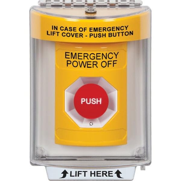 SS2231PO-EN STI Yellow Indoor/Outdoor Flush Turn-to-Reset Stopper Station with EMERGENCY POWER OFF Label English