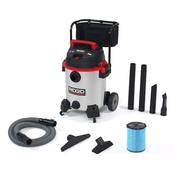 RIDGID 50353 1610RV Stainless Steel 16-Gal. Wet/Dry Shop Vacuum with Cart, 6.5 Peak HP