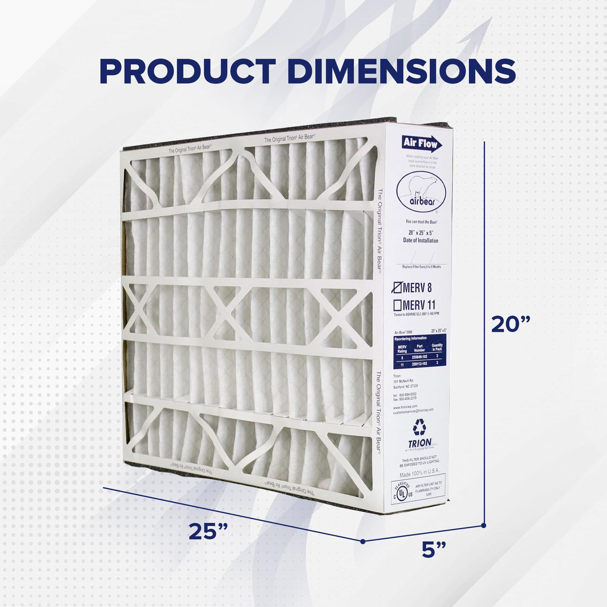 Trion 255649-102 Air Bear 20 x 25 x 5 Inch MERV 8 High Performance Air Purifier Filter Replacement for Air Bear Supreme, Right Angle, and Cub Air Cleaner Purification Systems (3 Pack)