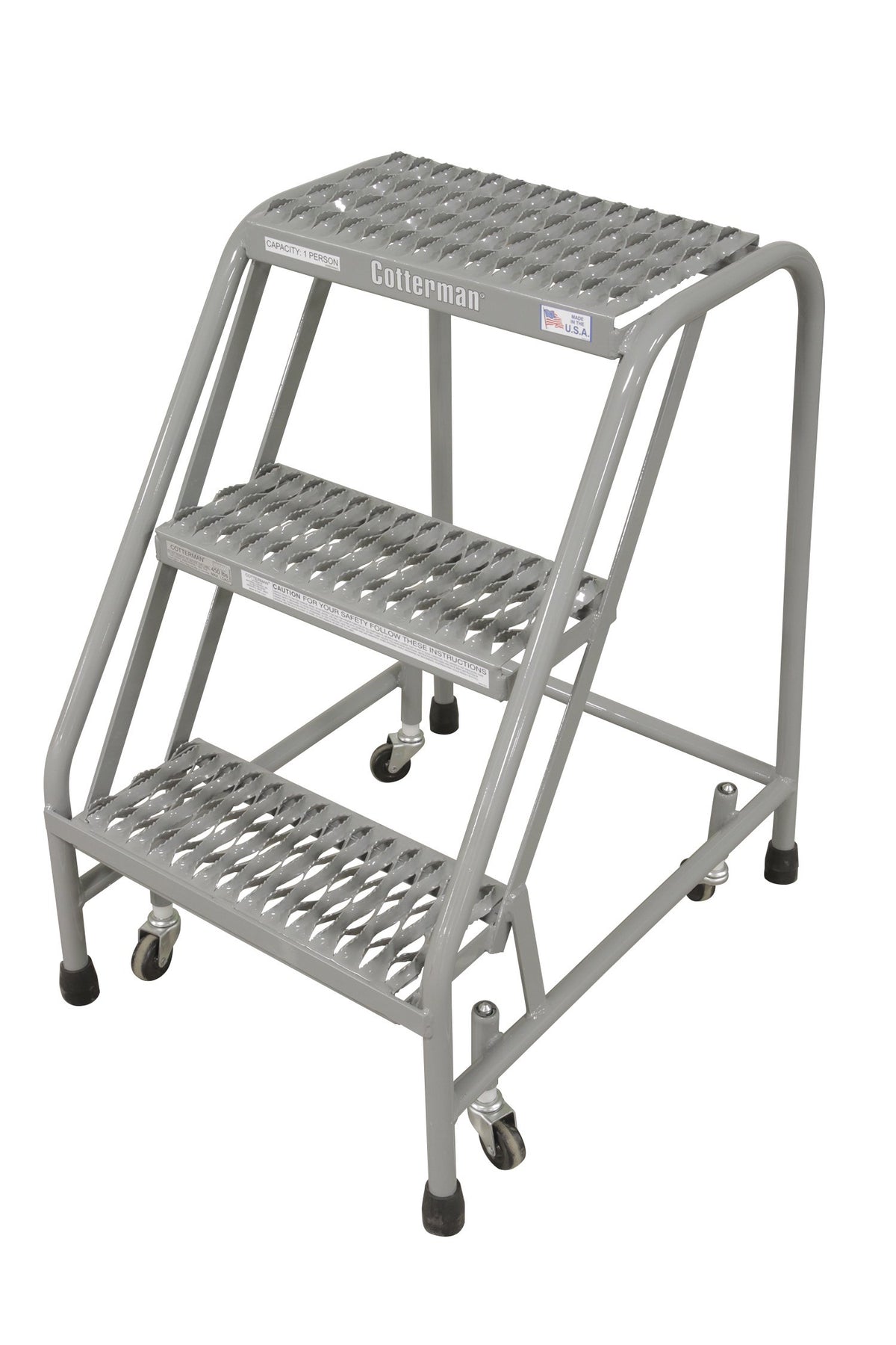 Cotterman 1003N1820A3E10B3C1P1 All Welded Ready to Use Rolling Steel Safety Ladder, 3-Step, 30" Top Step Height, Serrated Tread, 450 lb Capacity