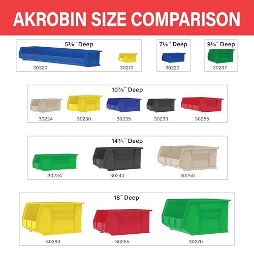 Akro-Mils 30239 AkroBins Plastic Storage Bins, Space-Saving Stackable Bins for Garage, Pantry, Craft Organization, 11-" x 8-" x 7-", Black, 6-Pack