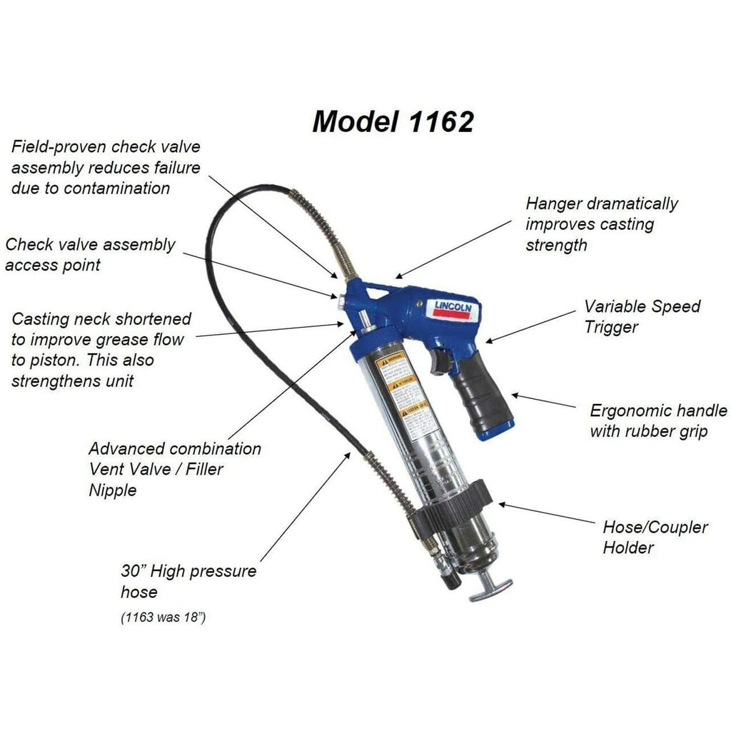 Lincoln 1162 Pneumatic Grease Gun with 30" High-Pressure Hose and Coupler, Variable Speed Trigger, 6,000 PSI, Fully Automatic, Continuous Operation, Combination Filler Coupler Air Bleeder Valve