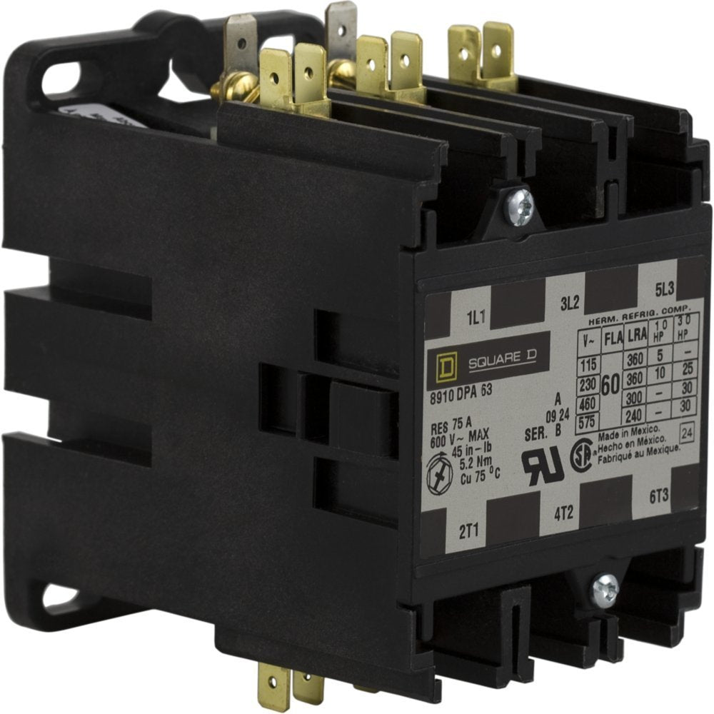 Square D 8910DPA63V02 Definite Purpose Contactor, 120VAC, 60A, 3 Pole, Open