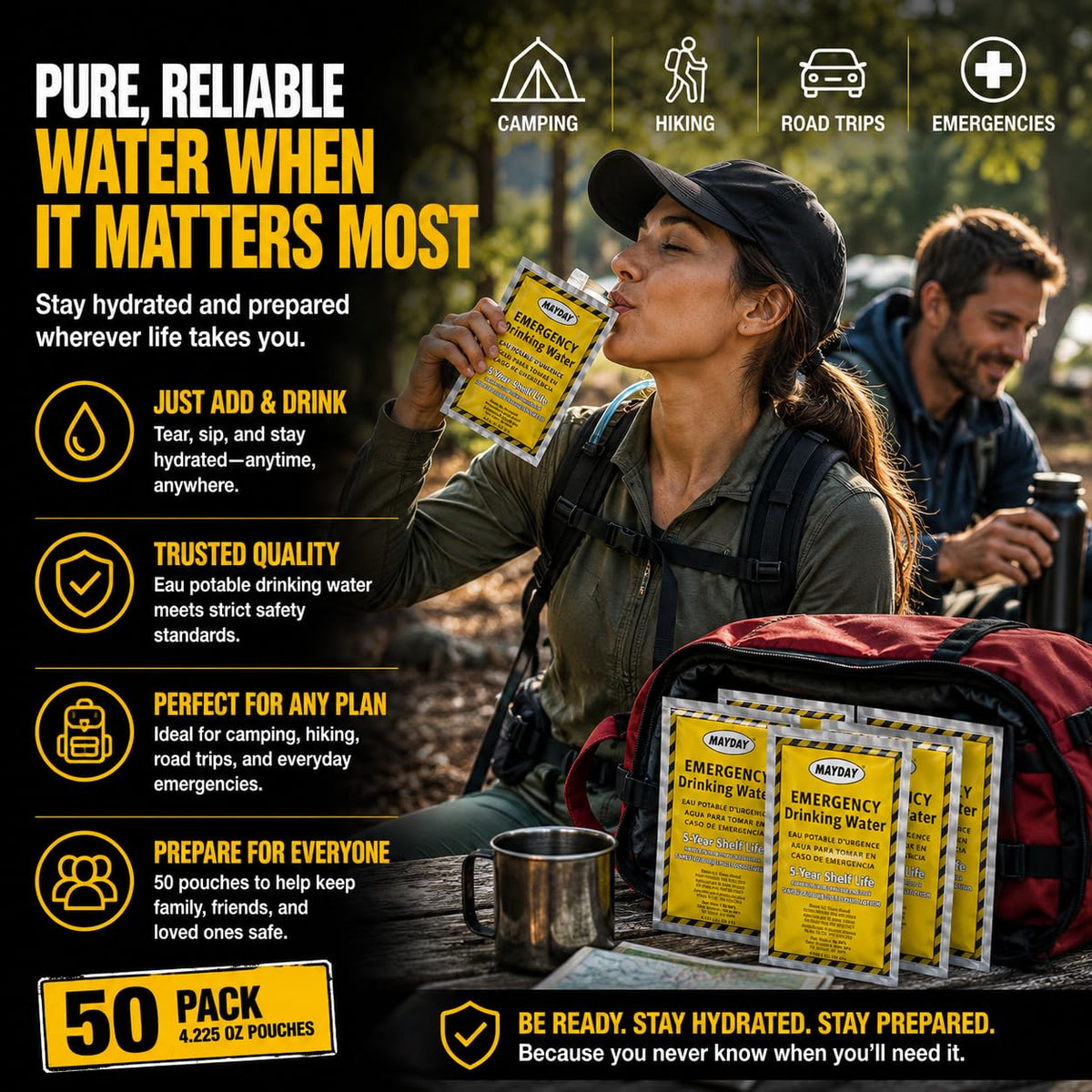 Mayday Emergency Drinking Water Pouches, Coast Guard Approved, 5-Year Shelf Life, 125 mL (100 Pack)