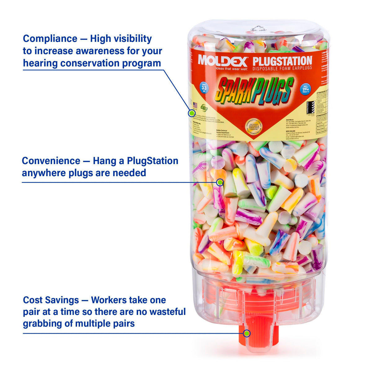 Moldex SparkPlugs PlugStation Earplug Dispenser, Cordless, 33 NRR, 500 Pairs