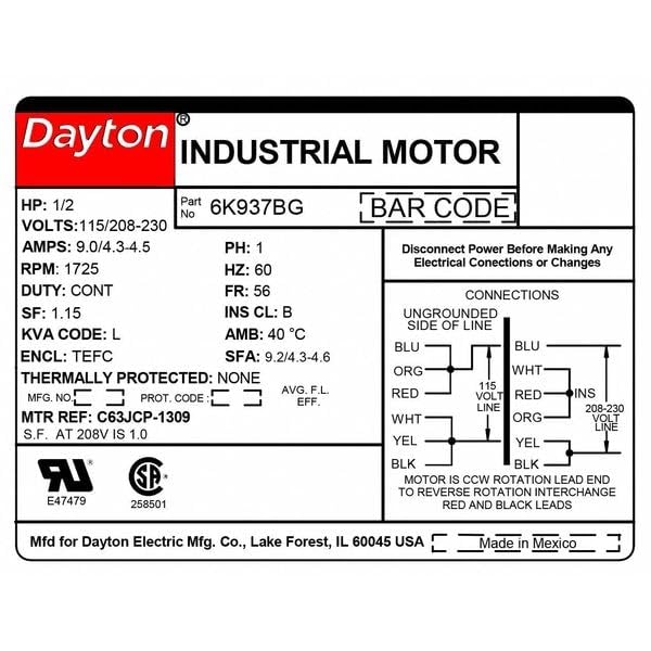 Dayton 6K937 Capacitor-Start General Purpose Motor, 1/2 HP, 115/208-230V, 56 Frame