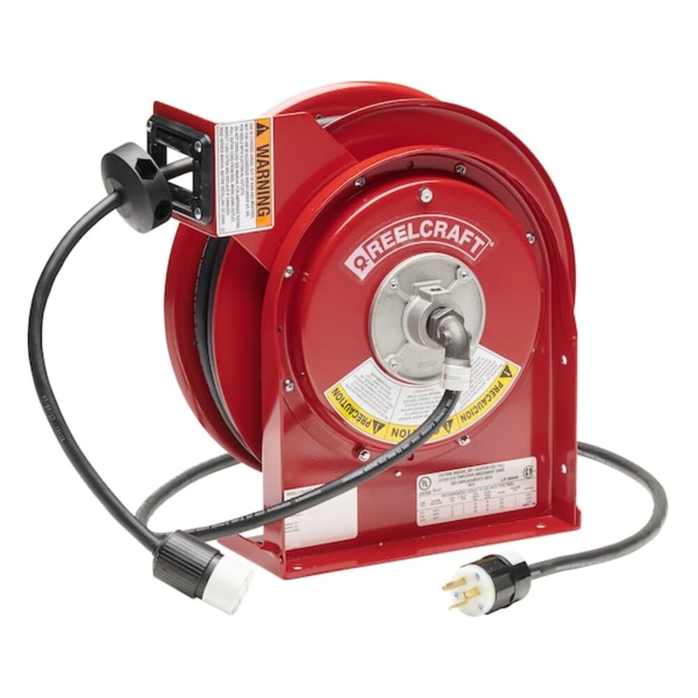 Reelcraft L 4545 123 3A Heavy Duty Power Cord Reel, 12 AWG/3 Conductors x 45', 20 AMP, Single Outlet, Cord Included