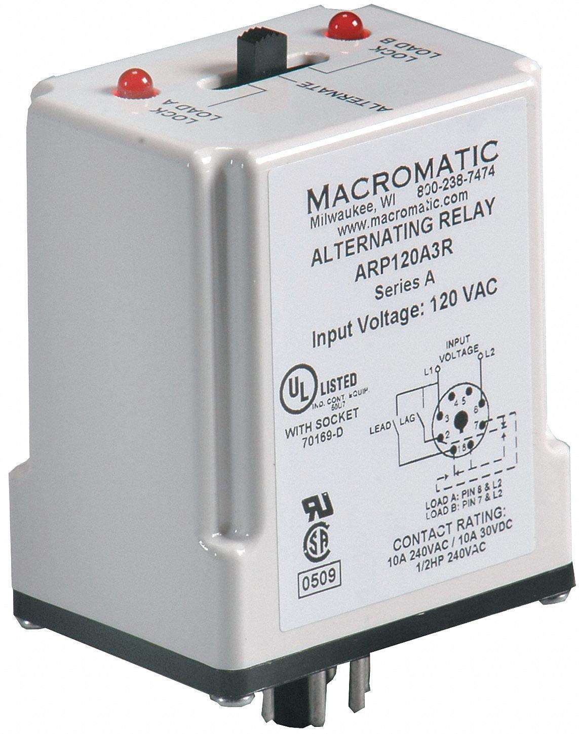 Macromatic Alternating Relay, 10 Amps, 120VAC, 8 Pins, DPDT Cross-Wired - ARP120A3R