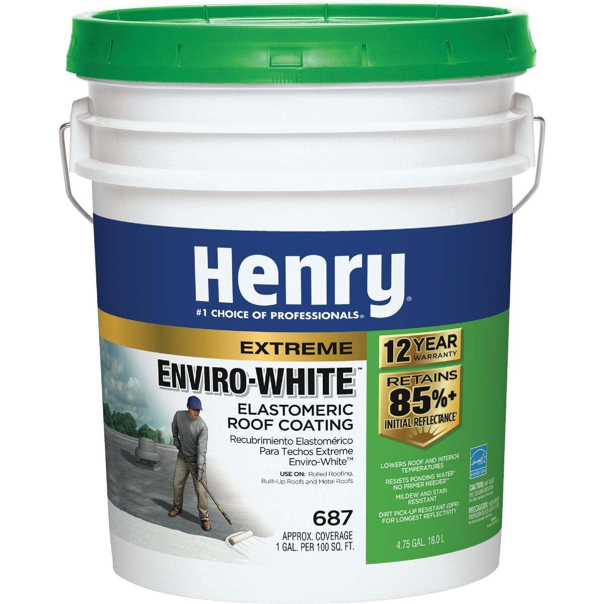 Henry Company HE687406 Enviro Premium White Roof Coating, 5 Gal, White