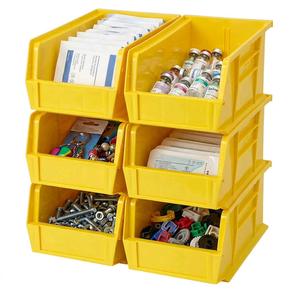 Quantum Storage QUS240 Heavy-Duty Stackable Plastic Storage Bins for Workshop, Warehouse & Garage, Ultra Stack & Hang, 14-3/4" x 8-1/4" x 7", 12-Pack